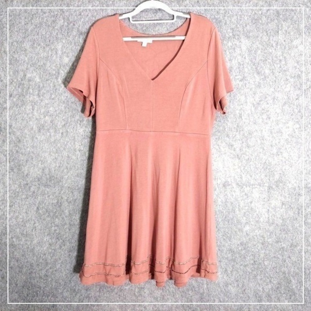 Marybelle Dress Women 1X Pink Ponte Knit Short Sleeve Minimalist Crochet Stretch